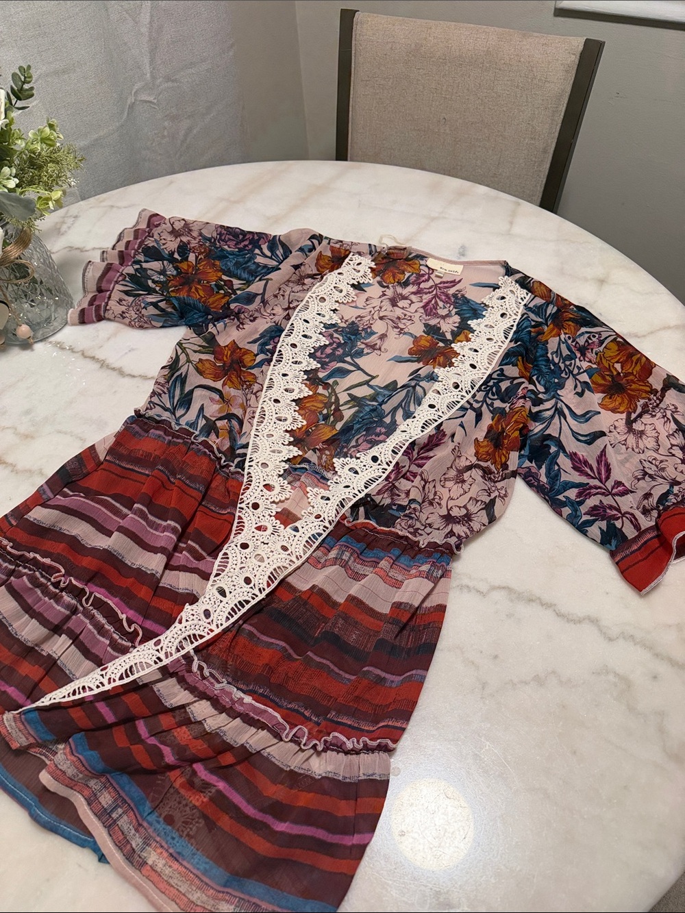 Floral Crochet-Trim Mixed Print Tunic cardigan from Greece in Mauve Multi